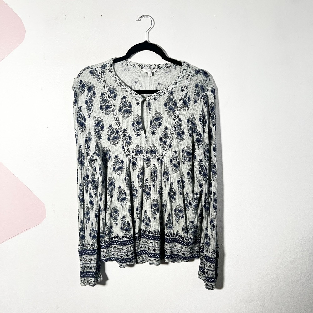 Lucky Brand  Peasant Top Womens Large Floral Linen Blend Long Sleeve Boho